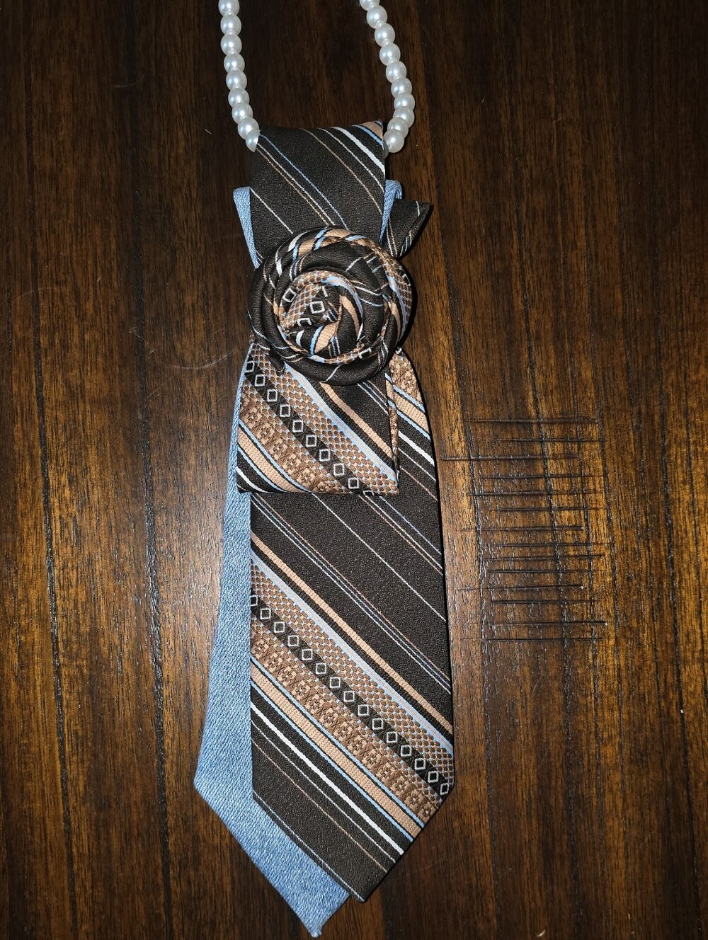 Women's Brown and Tan Striped Necktie with Rose Knot Accent
